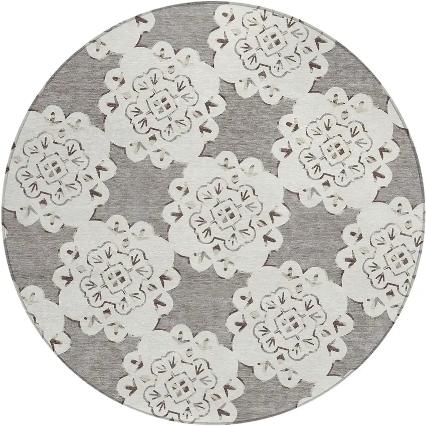 8' Taupe And Ivory Round Quatrefoil Washable Indoor Outdoor Area Rug Photo 2