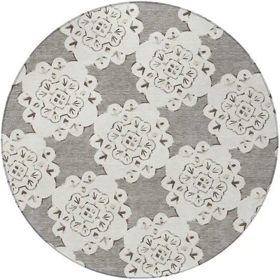 8' Taupe And Ivory Round Quatrefoil Washable Indoor Outdoor Area Rug Photo 4