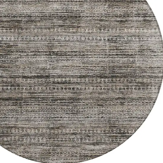8' Taupe And Ivory Round Striped Washable Indoor Outdoor Area Rug Photo 7