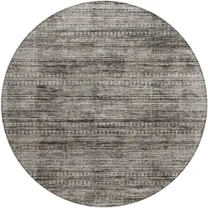 Photo of 8' Taupe And Ivory Round Striped Washable Indoor Outdoor Area Rug