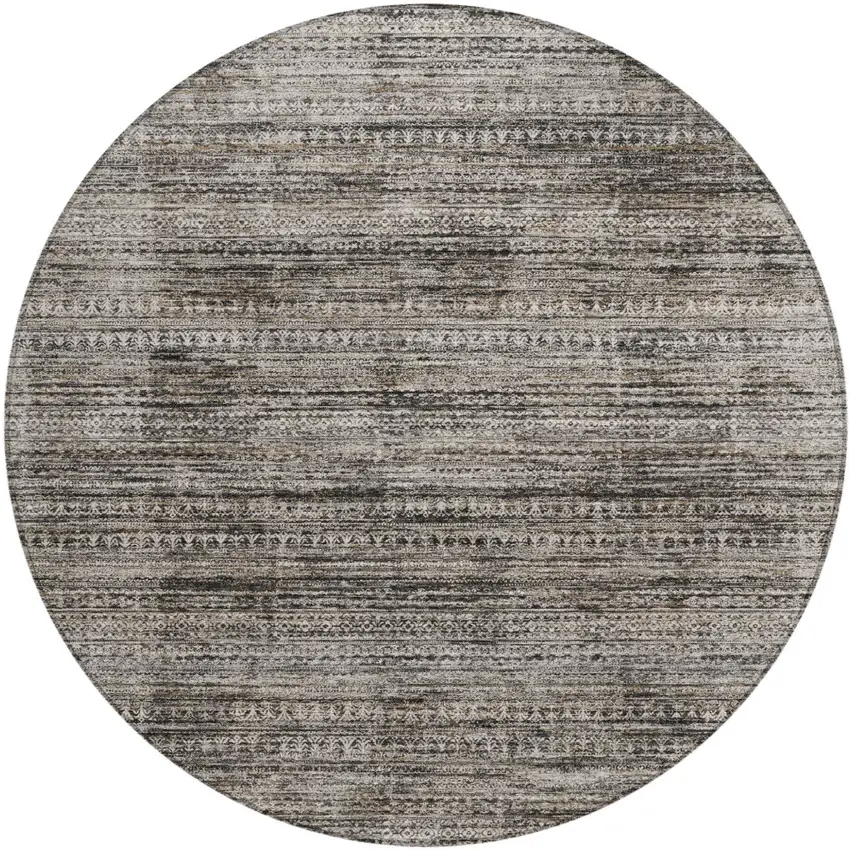 8' Taupe And Ivory Round Striped Washable Indoor Outdoor Area Rug Photo 1