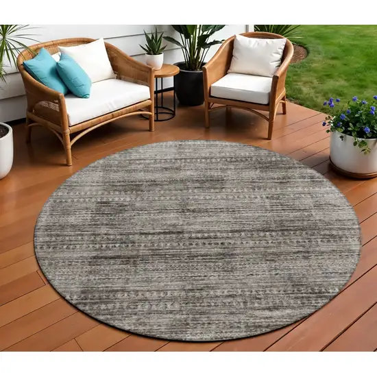 8' Taupe And Ivory Round Striped Washable Indoor Outdoor Area Rug Photo 2