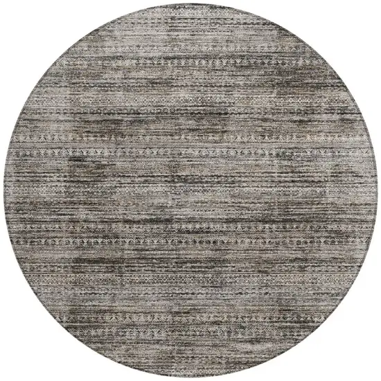 8' Taupe And Ivory Round Striped Washable Indoor Outdoor Area Rug Photo 3