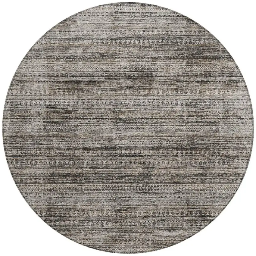 8' Taupe And Ivory Round Striped Washable Indoor Outdoor Area Rug Photo 3