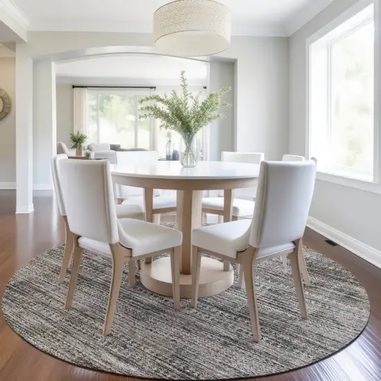 8' Taupe And Ivory Round Striped Washable Indoor Outdoor Area Rug Photo 6