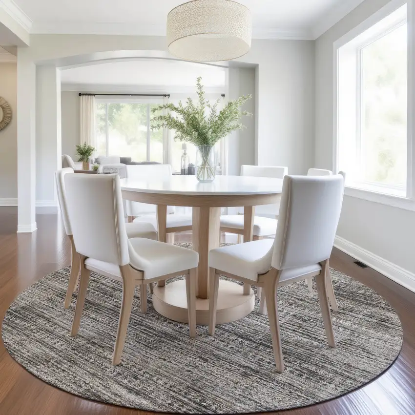 8' Taupe And Ivory Round Striped Washable Indoor Outdoor Area Rug Photo 6