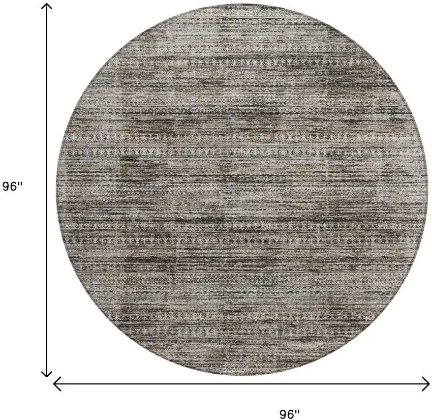 8' Taupe And Ivory Round Striped Washable Indoor Outdoor Area Rug Photo 9