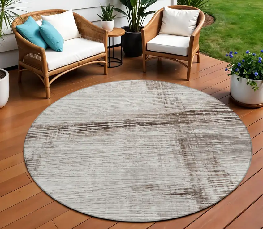 8' Taupe And Ivory Round Striped Washable Indoor Outdoor Area Rug Photo 2