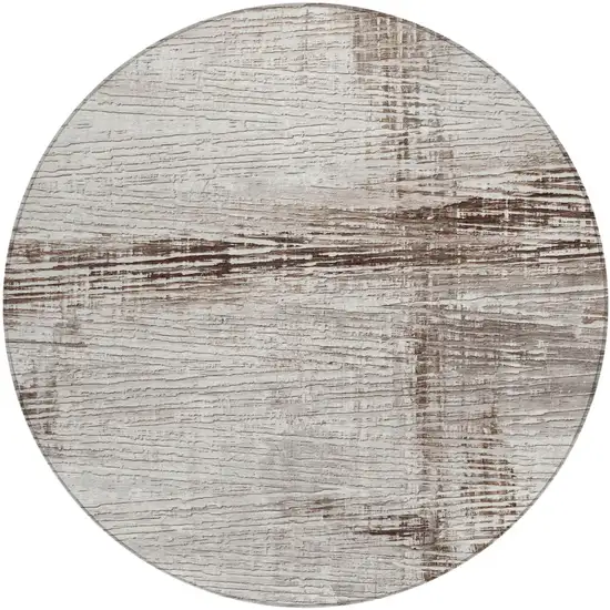 8' Taupe And Ivory Round Striped Washable Indoor Outdoor Area Rug Photo 1