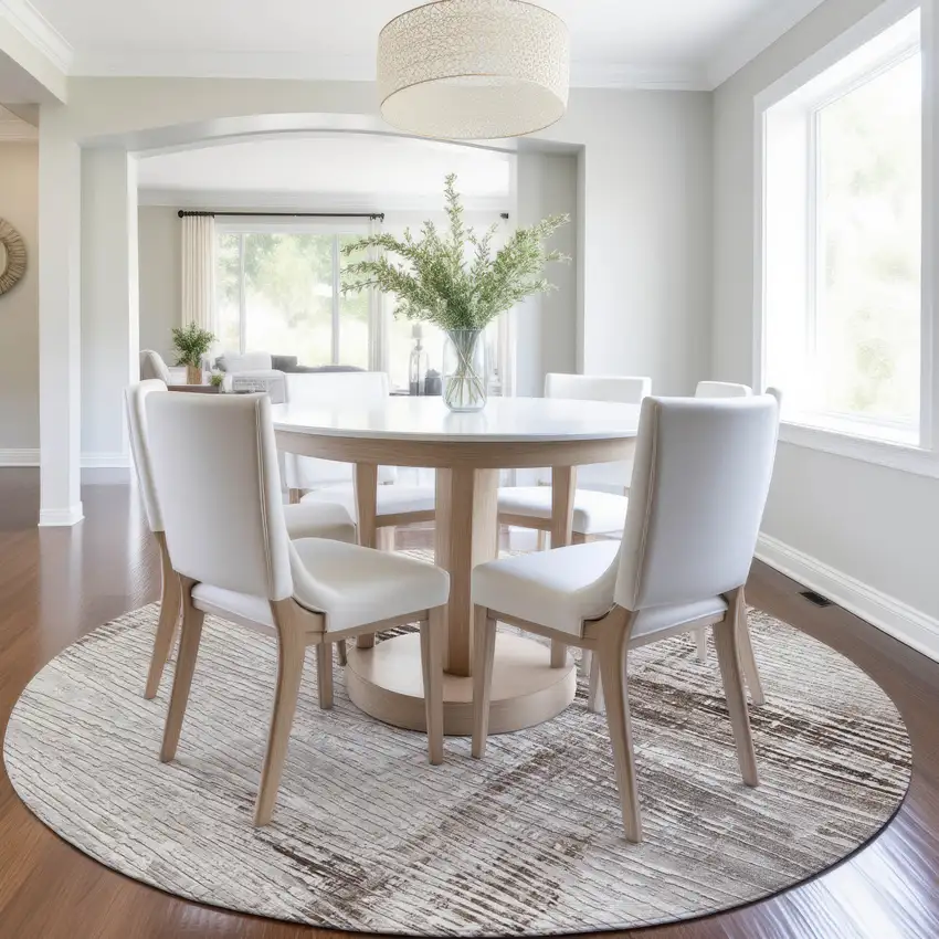 8' Taupe And Ivory Round Striped Washable Indoor Outdoor Area Rug Photo 7