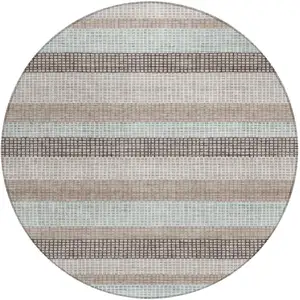 Photo of 8' Taupe And Ivory Round Striped Washable Indoor Outdoor Area Rug