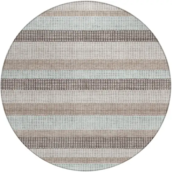 8' Taupe And Ivory Round Striped Washable Indoor Outdoor Area Rug Photo 1