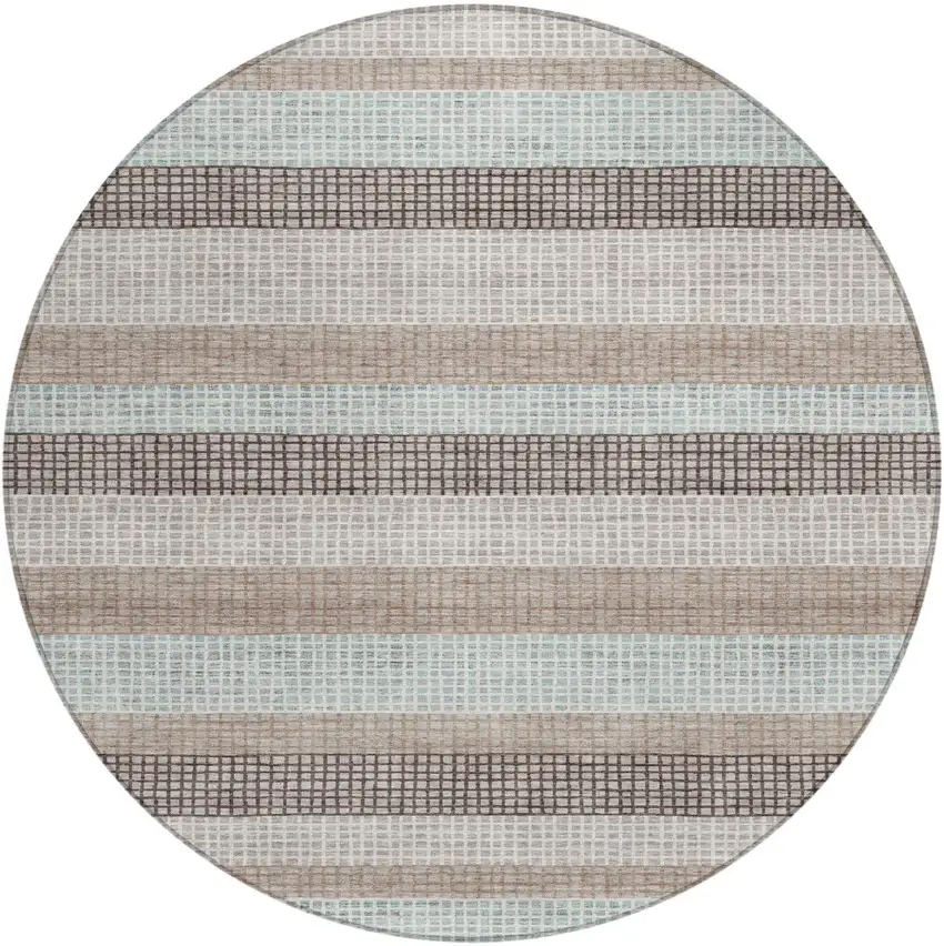 8' Taupe And Ivory Round Striped Washable Indoor Outdoor Area Rug Photo 1
