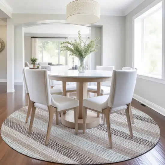 8' Taupe And Ivory Round Striped Washable Indoor Outdoor Area Rug Photo 6