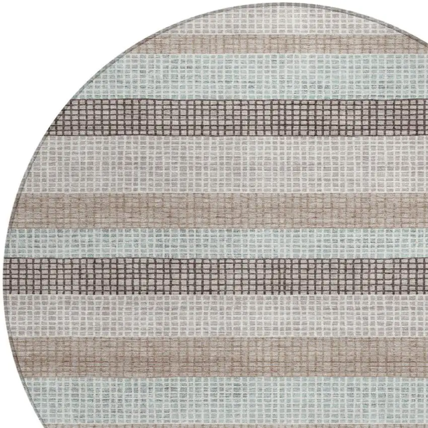 8' Taupe And Ivory Round Striped Washable Indoor Outdoor Area Rug Photo 4