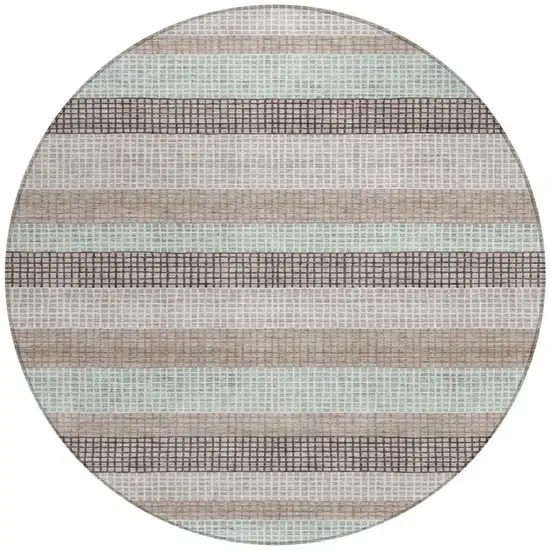 8' Taupe And Ivory Round Striped Washable Indoor Outdoor Area Rug Photo 3