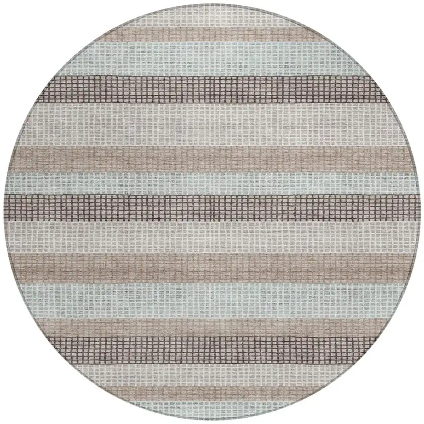 8' Taupe And Ivory Round Striped Washable Indoor Outdoor Area Rug Photo 3