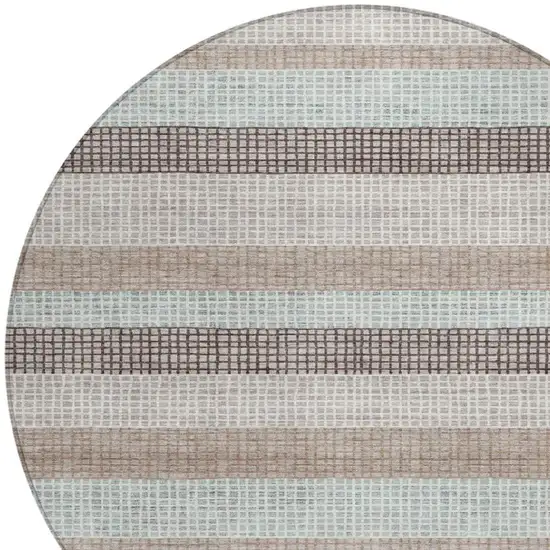 8' Taupe And Ivory Round Striped Washable Indoor Outdoor Area Rug Photo 8