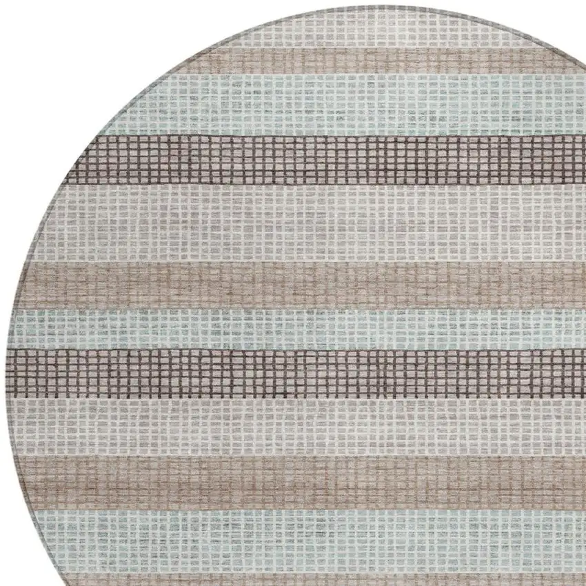 8' Taupe And Ivory Round Striped Washable Indoor Outdoor Area Rug Photo 8