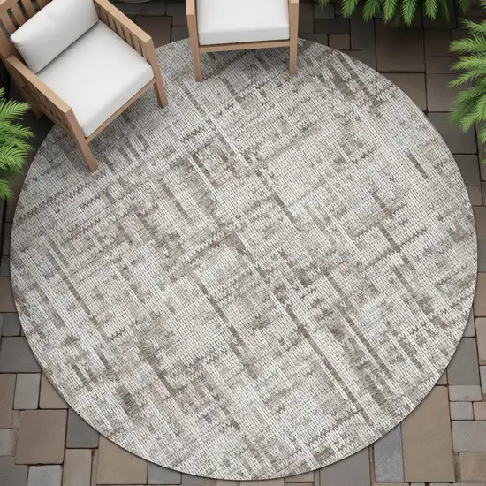 8' Taupe And Ivory Round Striped Washable Indoor Outdoor Area Rug Photo 4