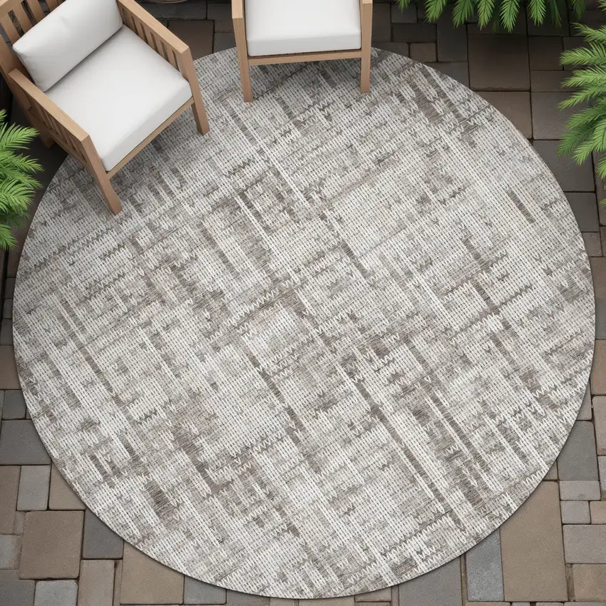 8' Taupe And Ivory Round Striped Washable Indoor Outdoor Area Rug Photo 4