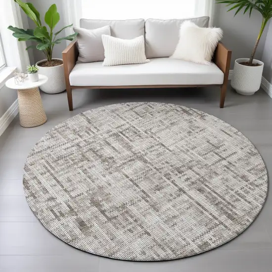 8' Taupe And Ivory Round Striped Washable Indoor Outdoor Area Rug Photo 5