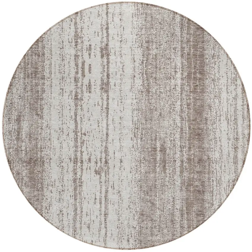 8' Taupe And Ivory Round Striped Washable Indoor Outdoor Area Rug Photo 4