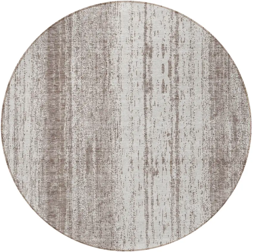 8' Taupe And Ivory Round Striped Washable Indoor Outdoor Area Rug Photo 5