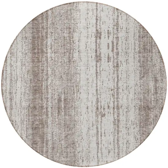 8' Taupe And Ivory Round Striped Washable Indoor Outdoor Area Rug Photo 5