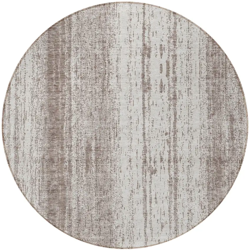 8' Taupe And Ivory Round Striped Washable Indoor Outdoor Area Rug Photo 5