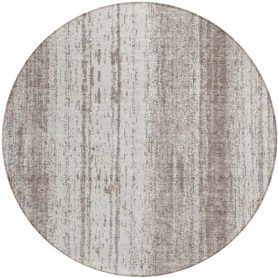 8' Taupe And Ivory Round Striped Washable Indoor Outdoor Area Rug Photo 2