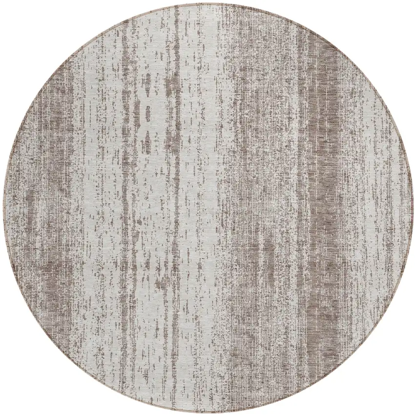 8' Taupe And Ivory Round Striped Washable Indoor Outdoor Area Rug Photo 2