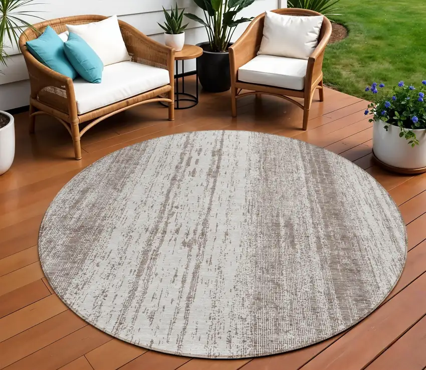 8' Taupe And Ivory Round Striped Washable Indoor Outdoor Area Rug Photo 1