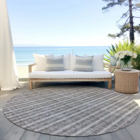 8' Taupe And Ivory Round Striped Washable Indoor Outdoor Area Rug Photo 6