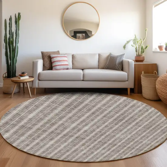 8' Taupe And Ivory Round Striped Washable Indoor Outdoor Area Rug Photo 7
