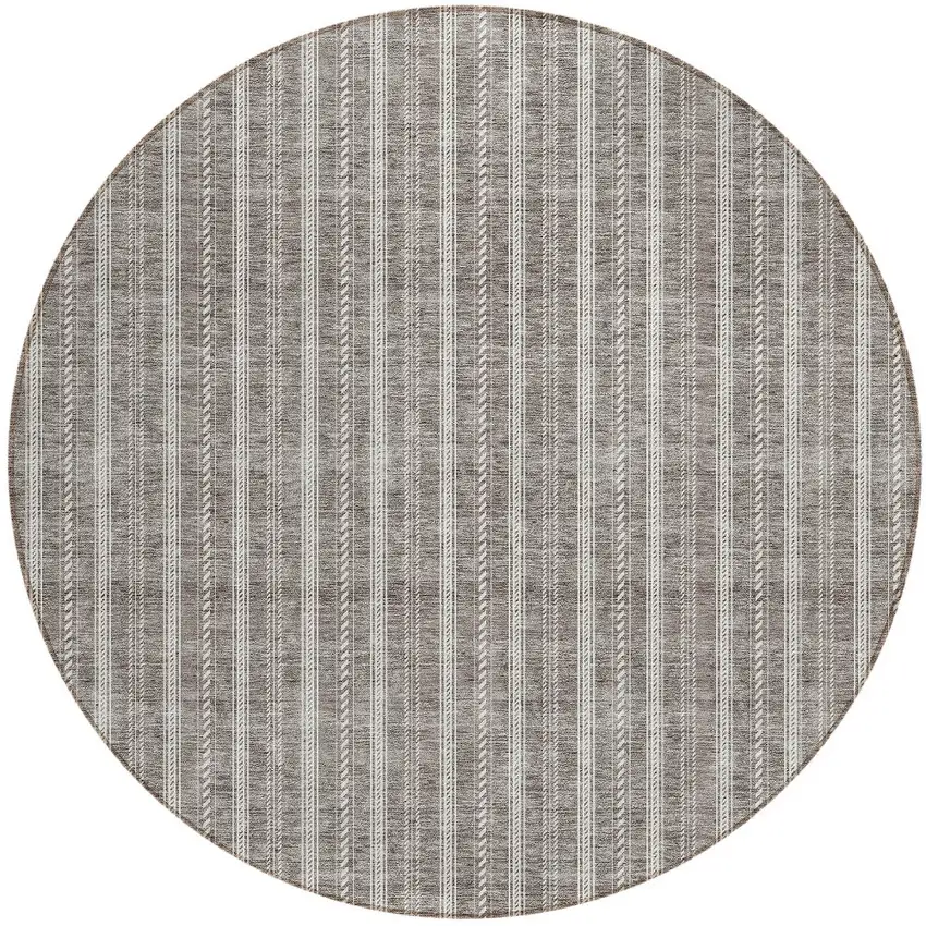 8' Taupe And Ivory Round Striped Washable Indoor Outdoor Area Rug Photo 5