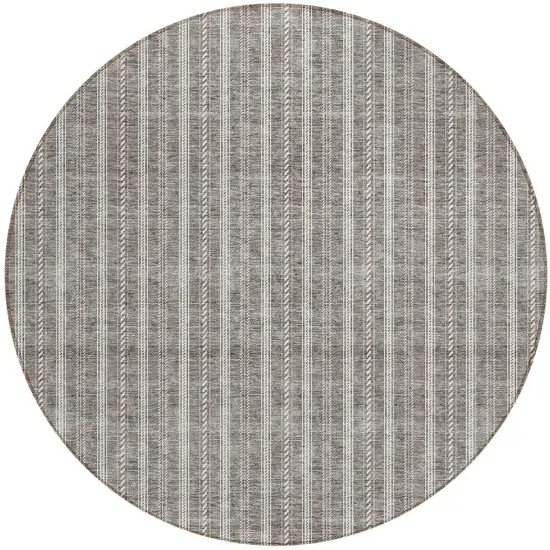 8' Taupe And Ivory Round Striped Washable Indoor Outdoor Area Rug Photo 5