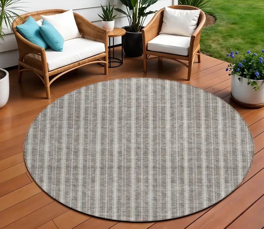 8' Taupe And Ivory Round Striped Washable Indoor Outdoor Area Rug Photo 1
