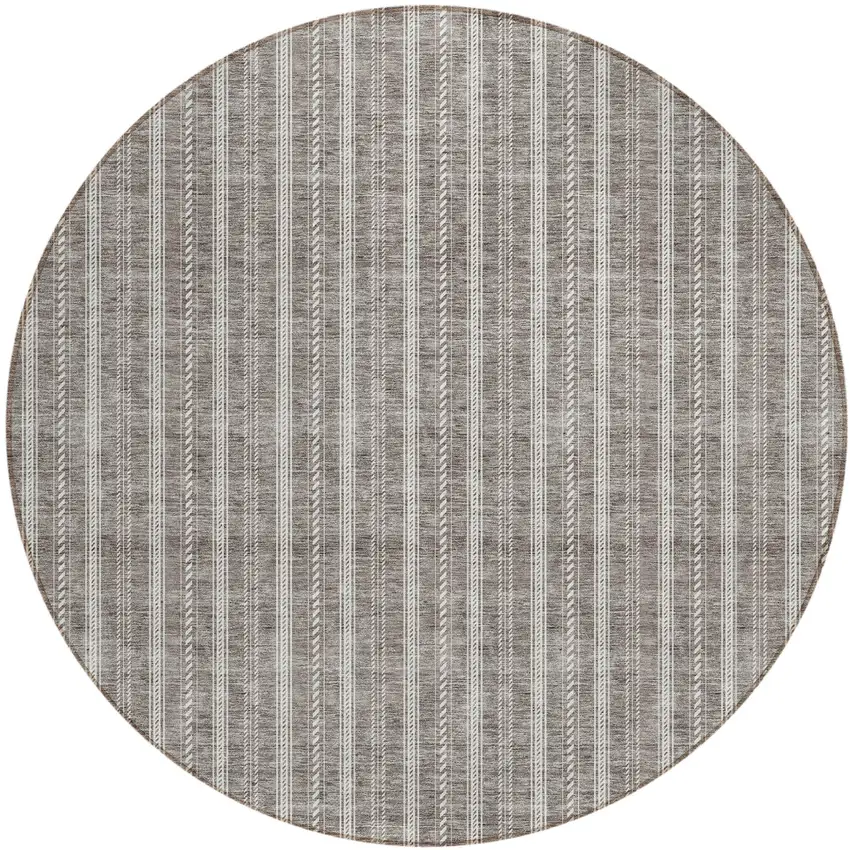 8' Taupe And Ivory Round Striped Washable Indoor Outdoor Area Rug Photo 2