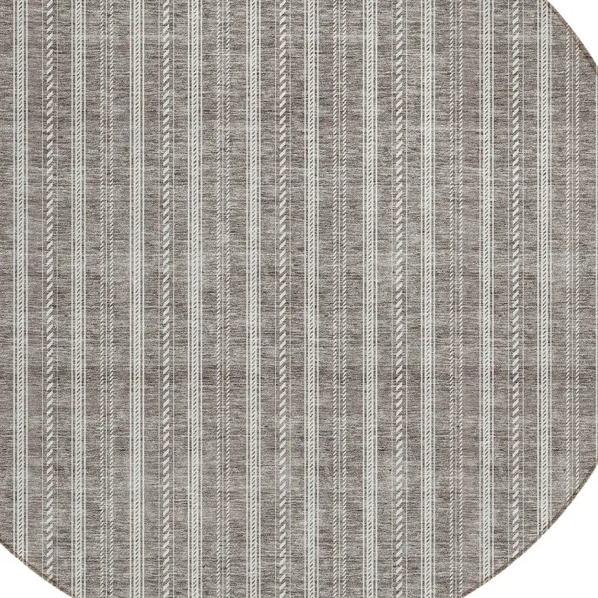 8' Taupe And Ivory Round Striped Washable Indoor Outdoor Area Rug Photo 4