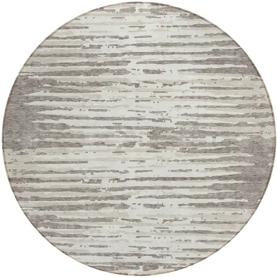8' Taupe And Ivory Round Striped Washable Indoor Outdoor Area Rug Photo 2
