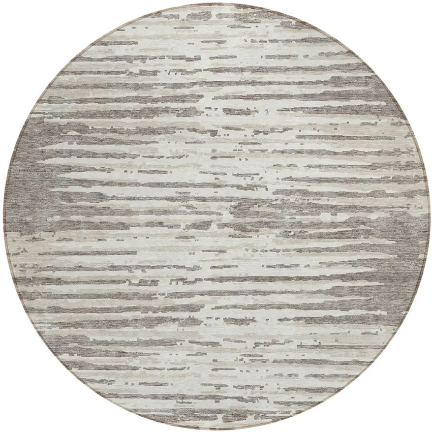 8' Taupe And Ivory Round Striped Washable Indoor Outdoor Area Rug Photo 2