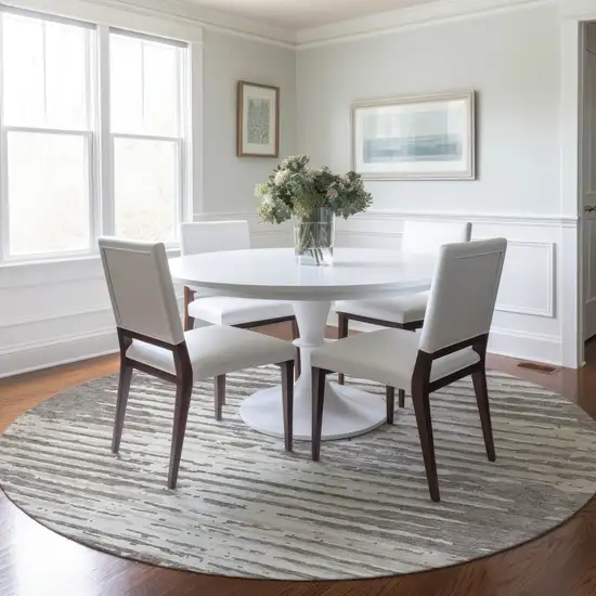 8' Taupe And Ivory Round Striped Washable Indoor Outdoor Area Rug Photo 7