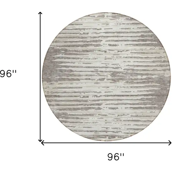 8' Taupe And Ivory Round Striped Washable Indoor Outdoor Area Rug Photo 3
