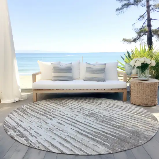 8' Taupe And Ivory Round Striped Washable Indoor Outdoor Area Rug Photo 6