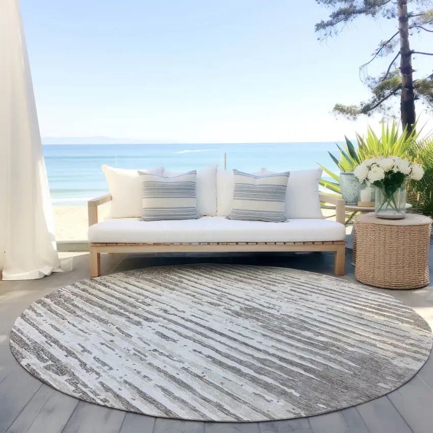 8' Taupe And Ivory Round Striped Washable Indoor Outdoor Area Rug Photo 6