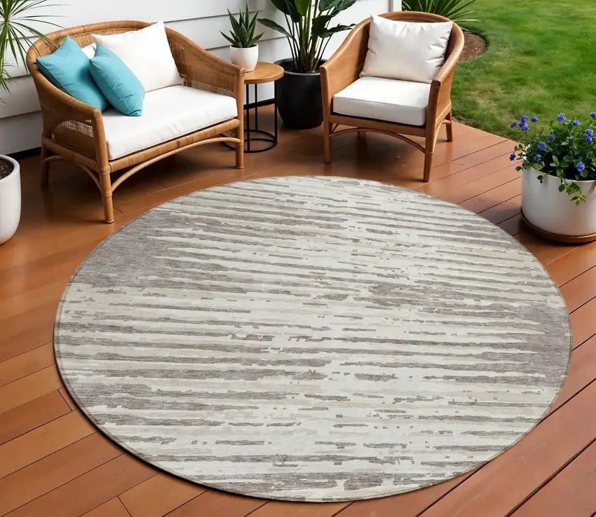 8' Taupe And Ivory Round Striped Washable Indoor Outdoor Area Rug Photo 1