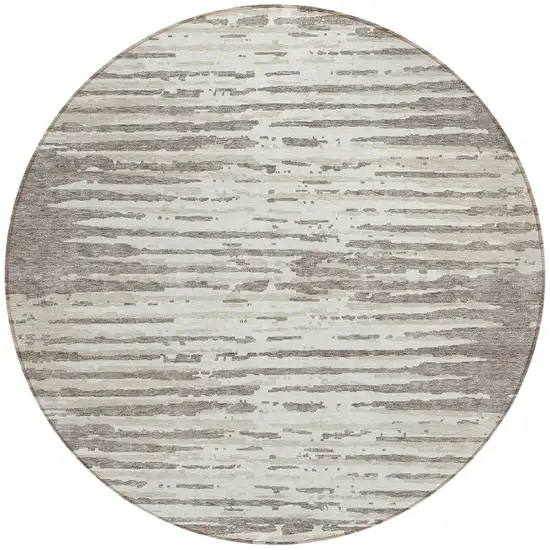 8' Taupe And Ivory Round Striped Washable Indoor Outdoor Area Rug Photo 5