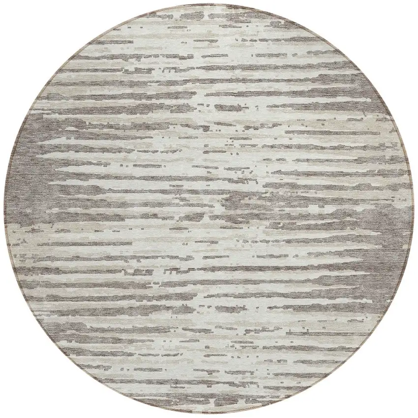 8' Taupe And Ivory Round Striped Washable Indoor Outdoor Area Rug Photo 5
