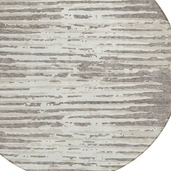 8' Taupe And Ivory Round Striped Washable Indoor Outdoor Area Rug Photo 4